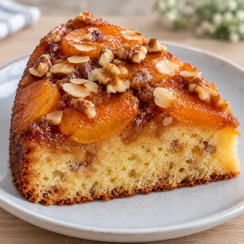 Upside-down fruit cake with apricots and almonds — walnuts