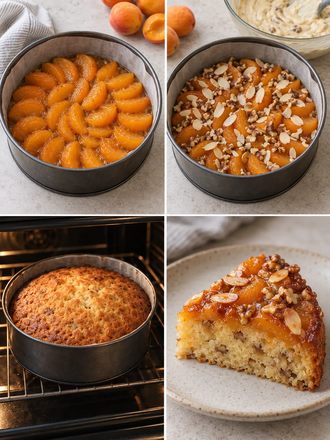 Upside-down fruit cake with apricots and almonds — walnuts