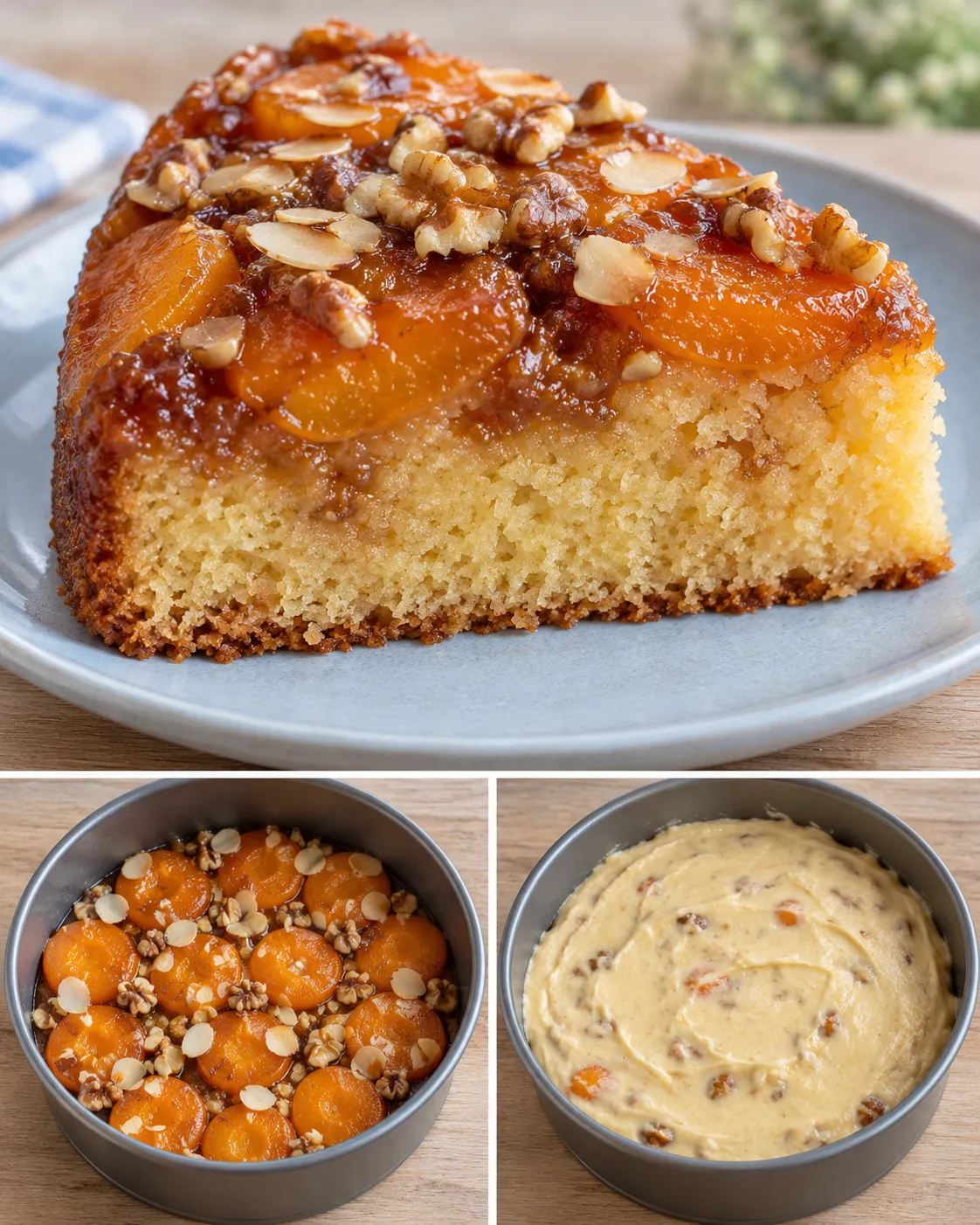 Upside-down fruit cake with apricots and almonds — walnuts