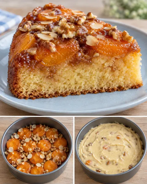 Upside-down fruit cake with apricots and almonds — walnuts