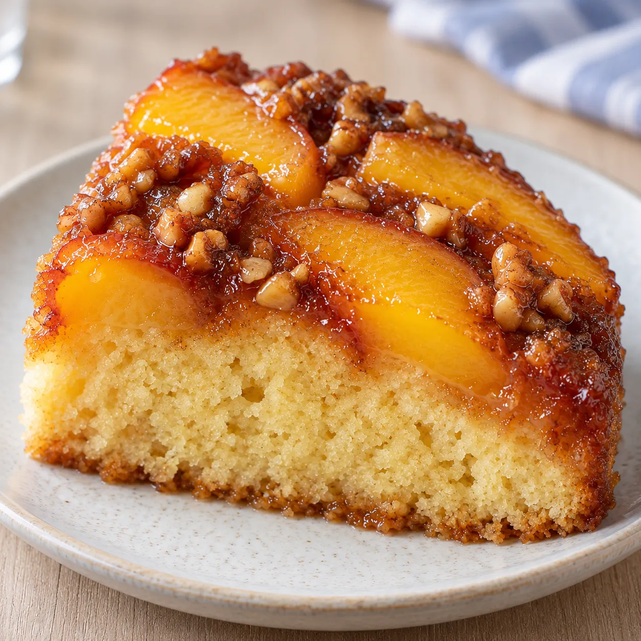 Upside-down fruit cake with peaches and vanilla — walnuts