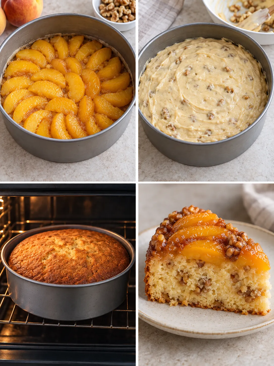 Upside-down fruit cake with peaches and vanilla — walnuts