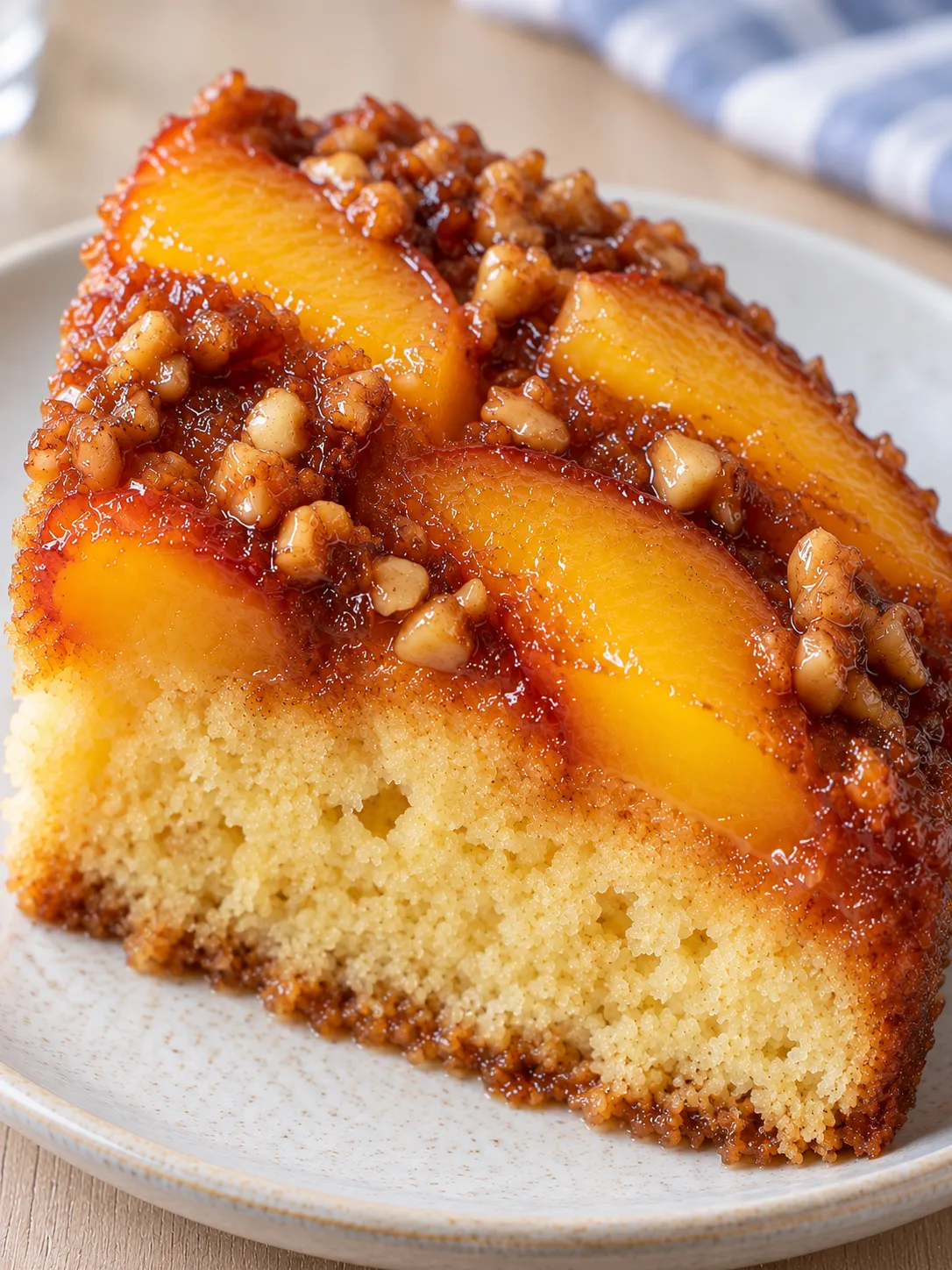 Upside-down fruit cake with peaches and vanilla — walnuts