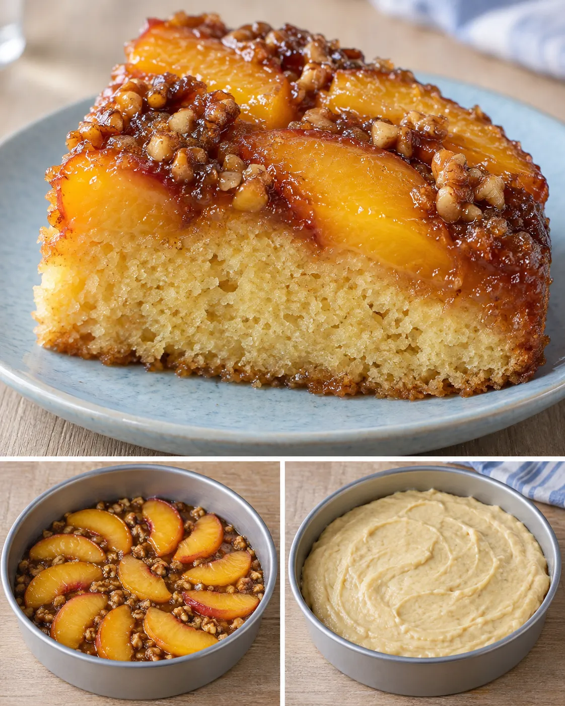Upside-down fruit cake with peaches and vanilla — walnuts