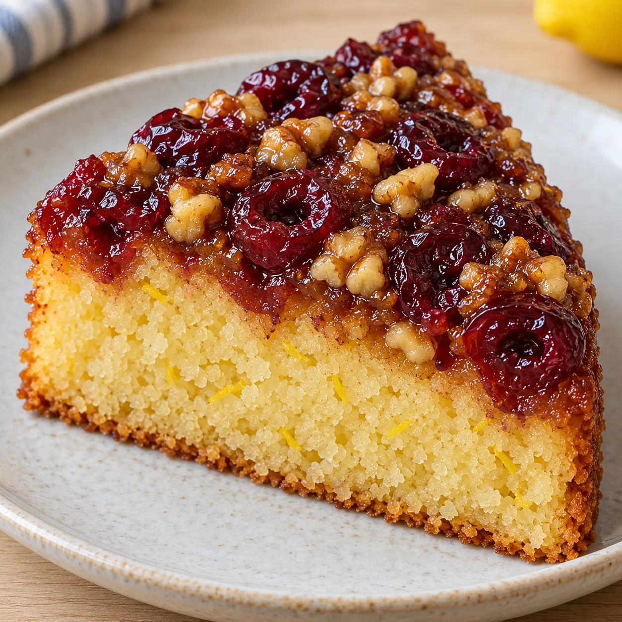 Upside-down fruit cake with cherries and lemon — walnuts