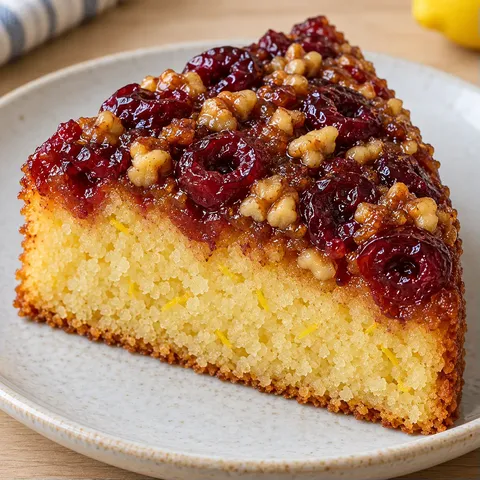 Upside-down fruit cake with cherries and lemon — walnuts
