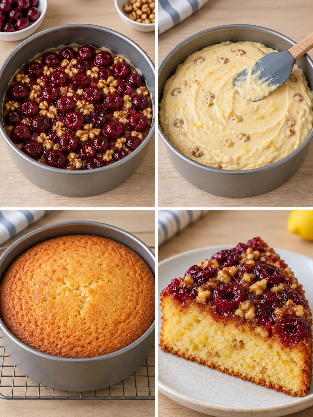 Upside-down fruit cake with cherries and lemon — walnuts