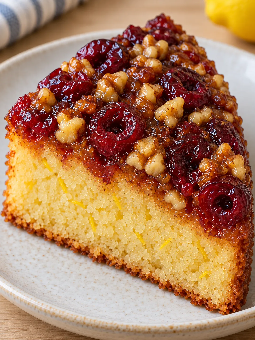 Upside-down fruit cake with cherries and lemon — walnuts