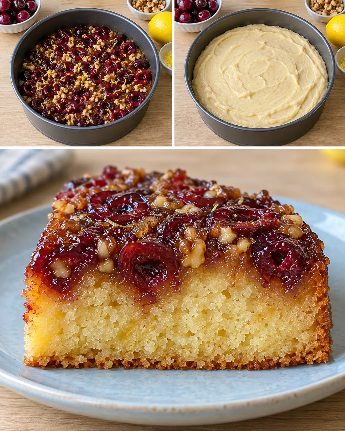 Upside-down fruit cake with cherries and lemon — walnuts
