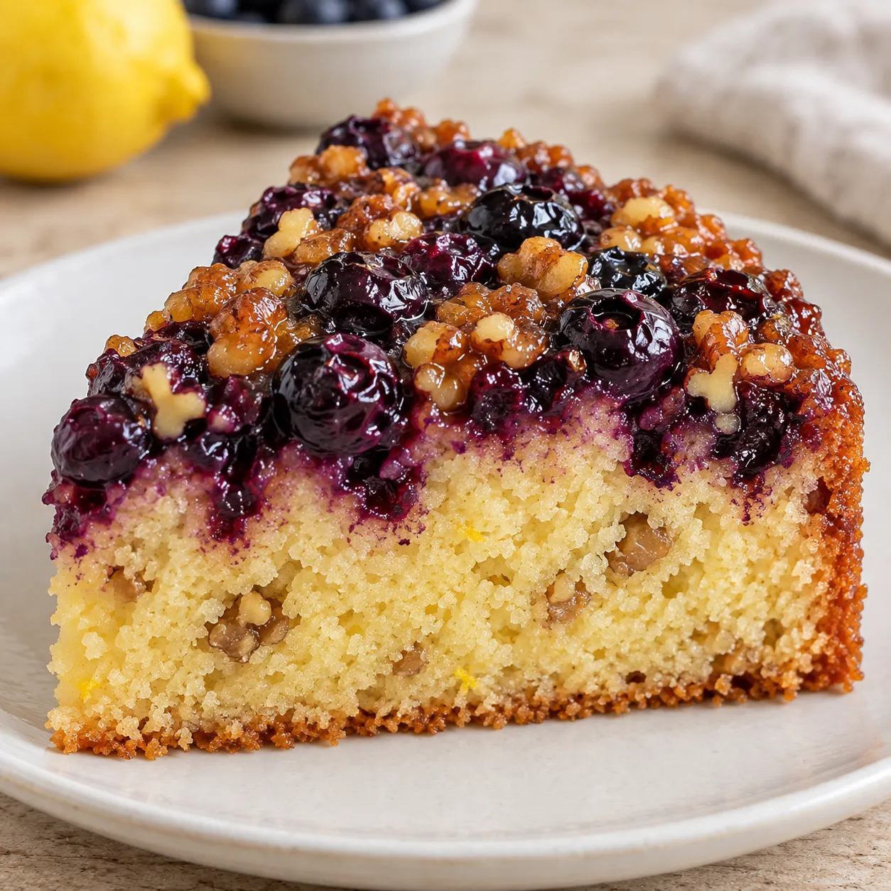 Upside-down fruit cake with blueberries and lemon — walnuts