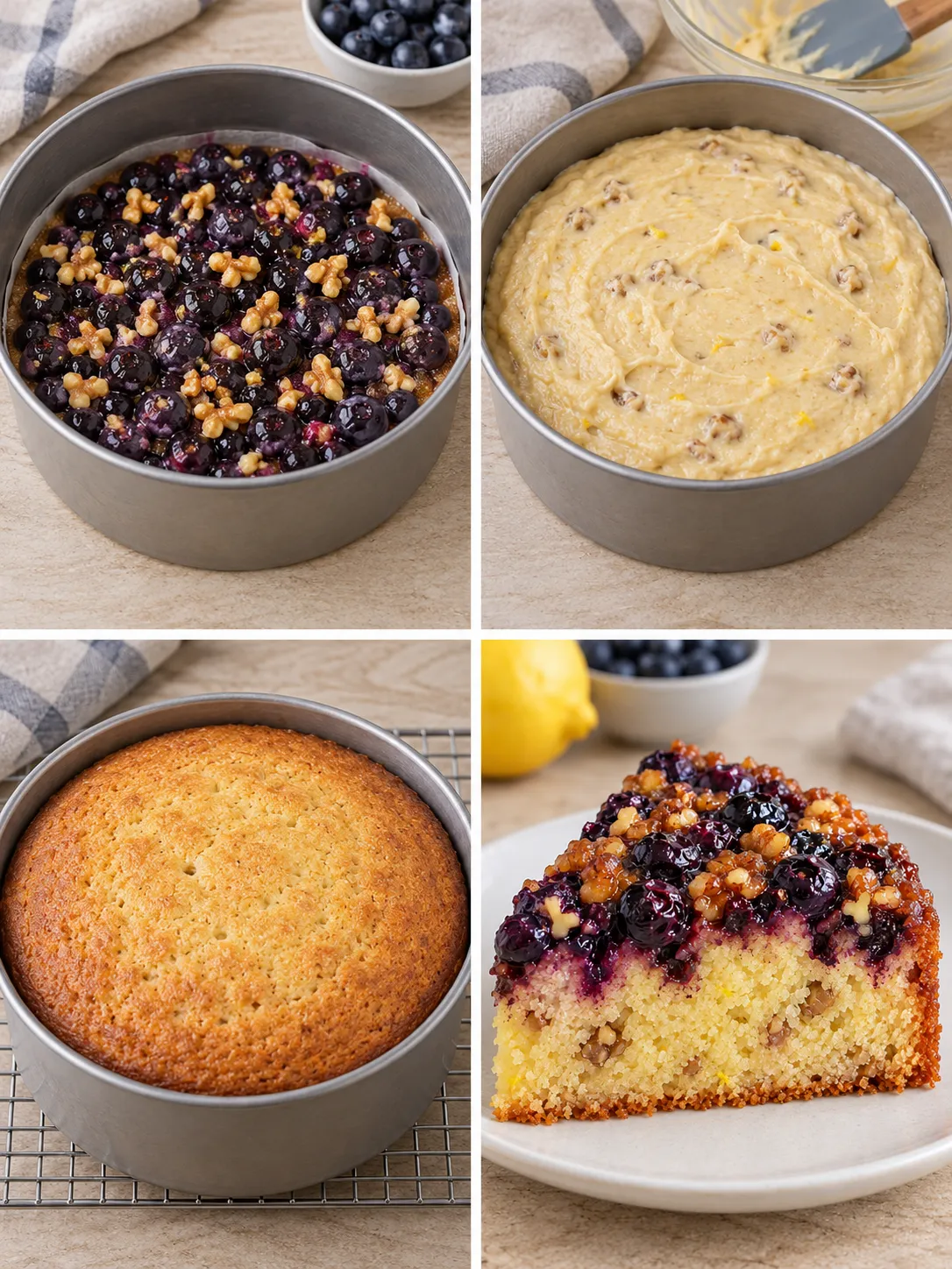 Upside-down fruit cake with blueberries and lemon — walnuts