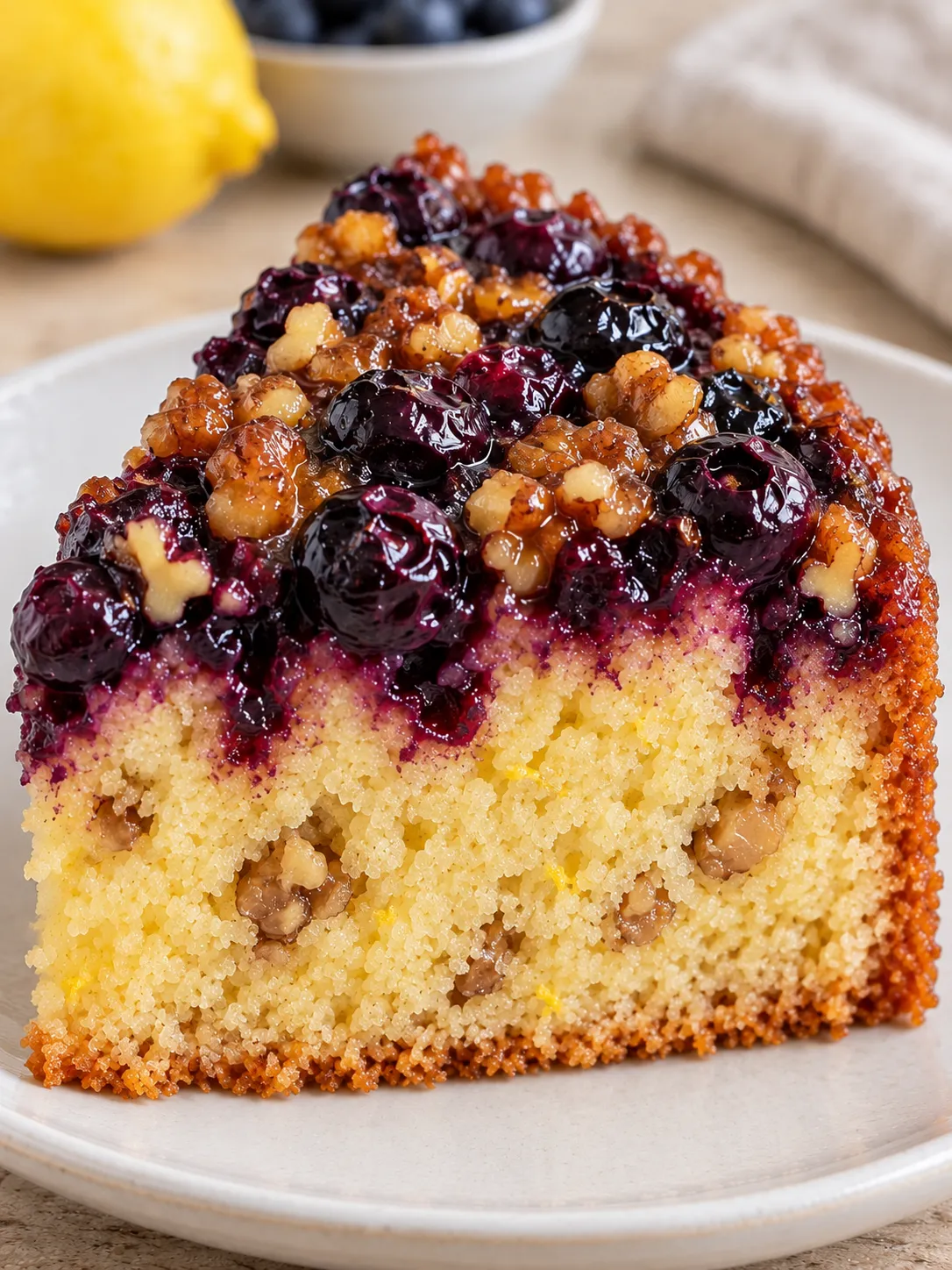 Upside-down fruit cake with blueberries and lemon — walnuts
