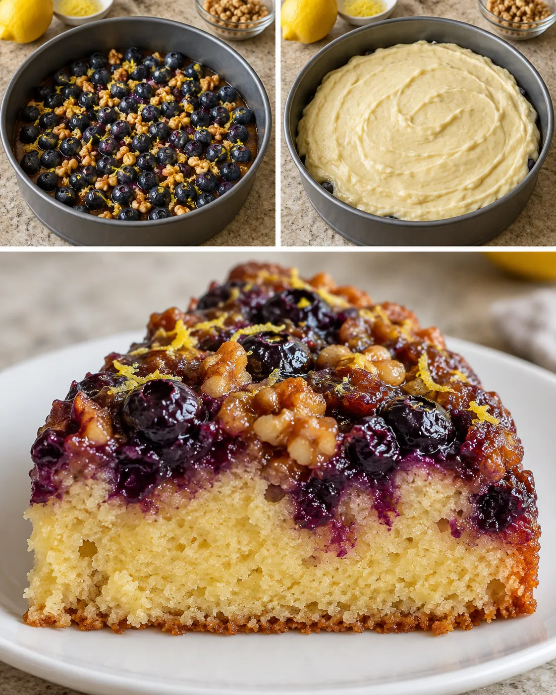 Upside-down fruit cake with blueberries and lemon — walnuts