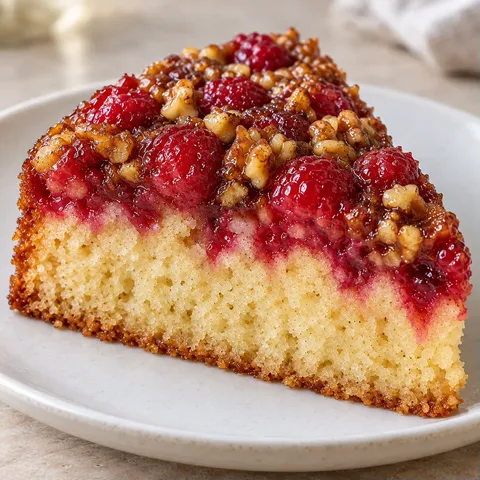 Upside-down fruit cake with raspberries and vanilla — walnuts
