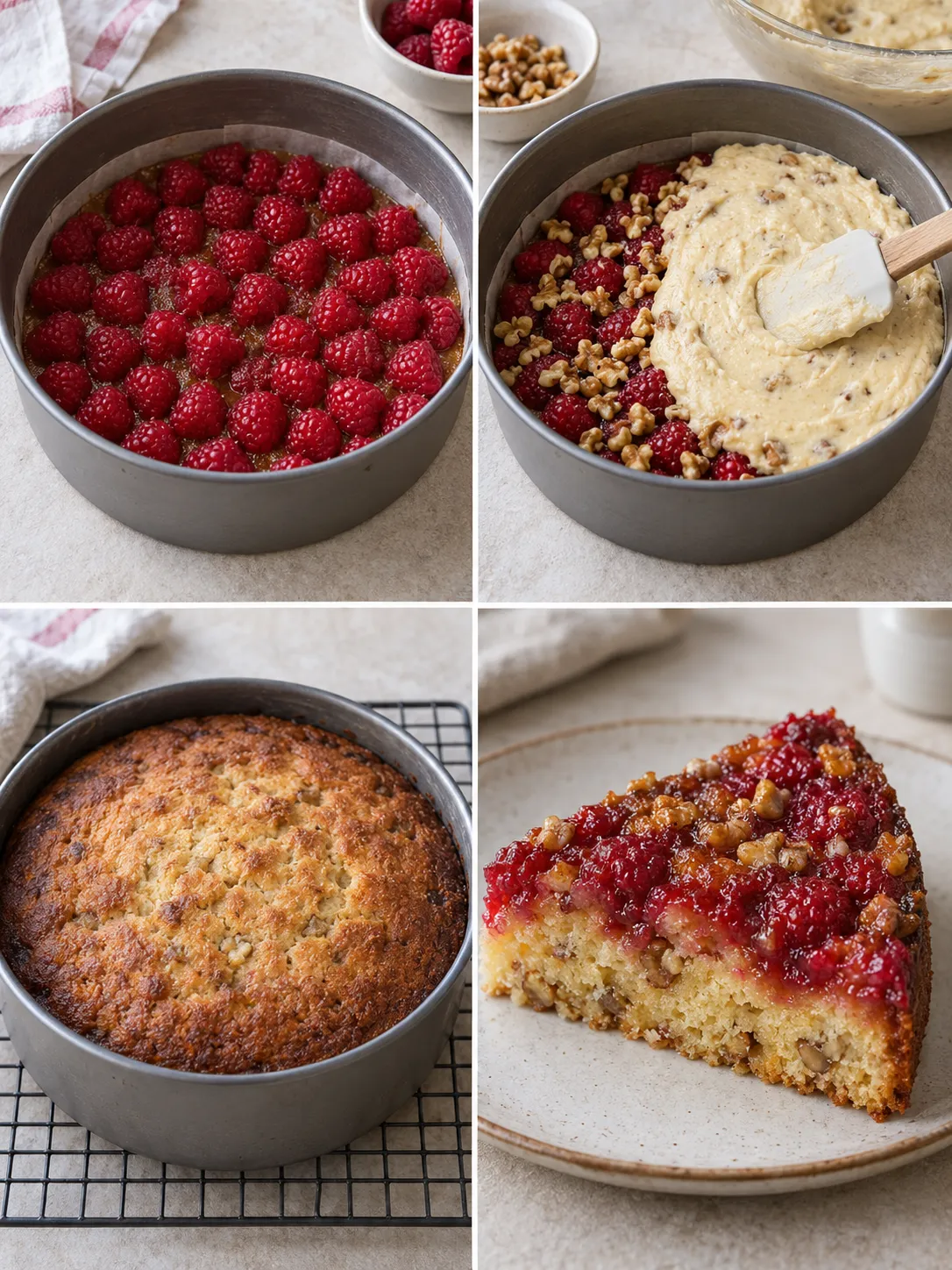 Upside-down fruit cake with raspberries and vanilla — walnuts