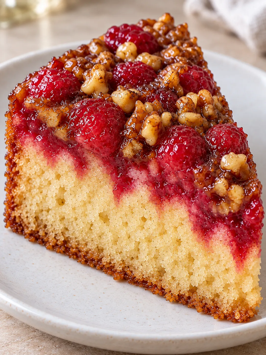 Upside-down fruit cake with raspberries and vanilla — walnuts