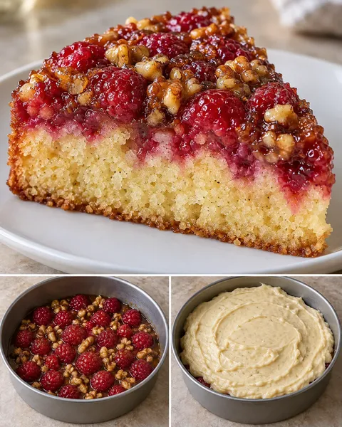 Upside-down fruit cake with raspberries and vanilla — walnuts