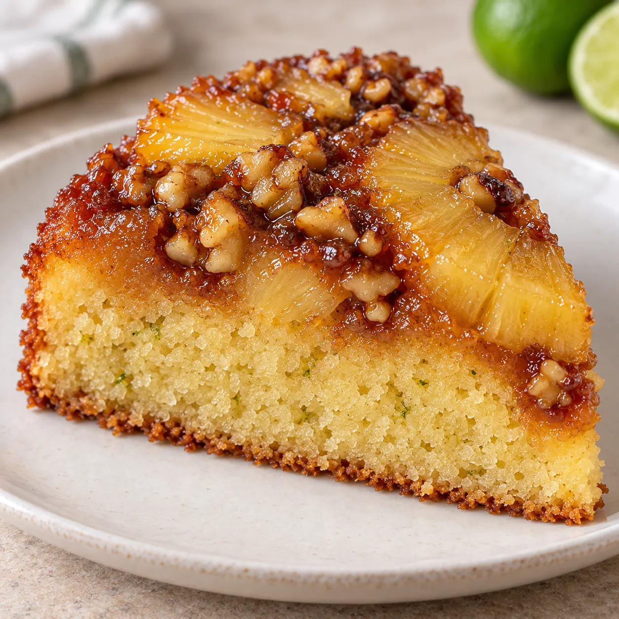 Upside-down fruit cake with pineapple and lime — walnuts