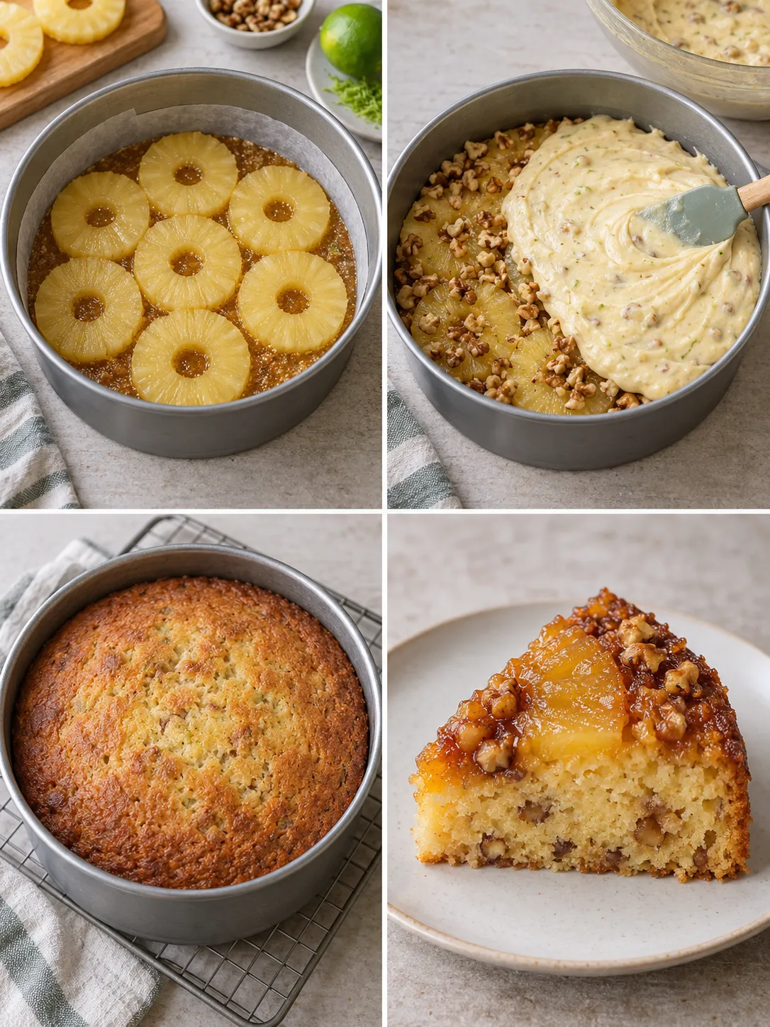 Upside-down fruit cake with pineapple and lime — walnuts