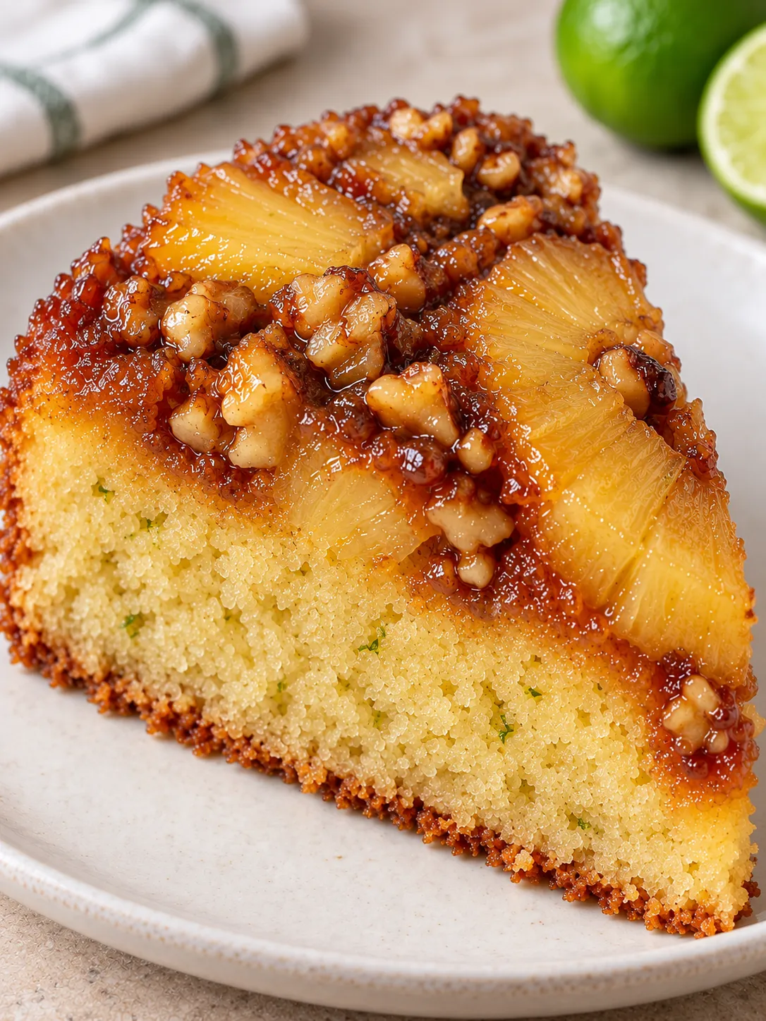 Upside-down fruit cake with pineapple and lime — walnuts