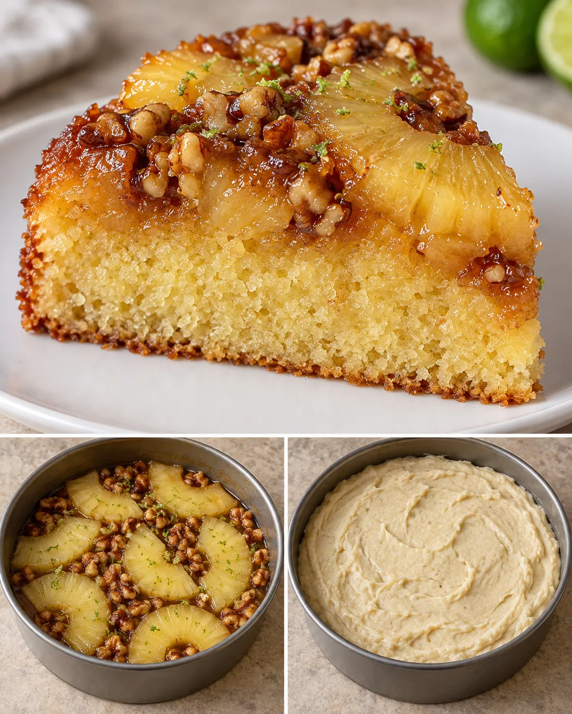 Upside-down fruit cake with pineapple and lime — walnuts