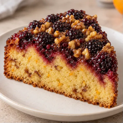 Upside-down fruit cake with blackberries and orange — walnuts