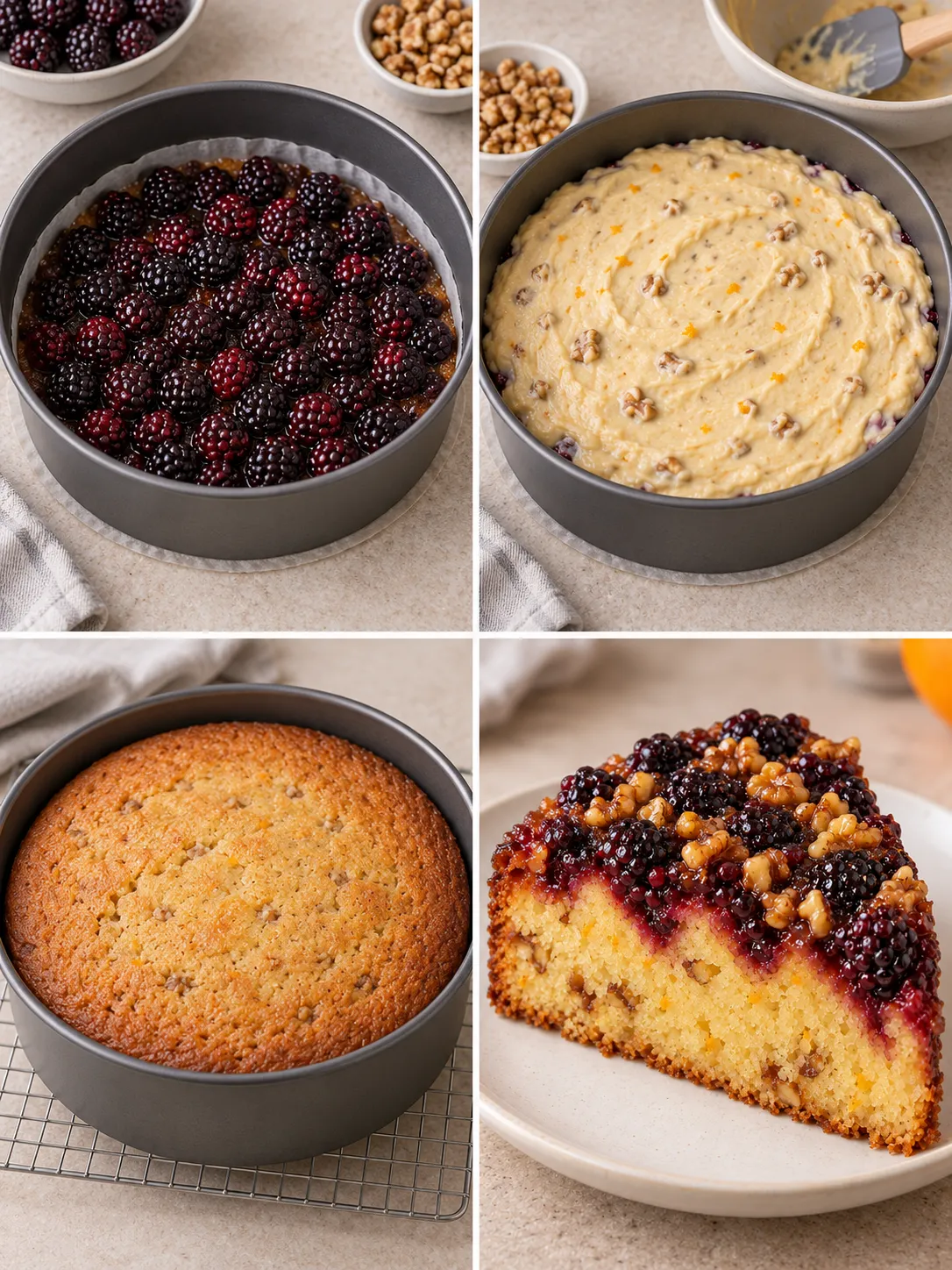 Upside-down fruit cake with blackberries and orange — walnuts