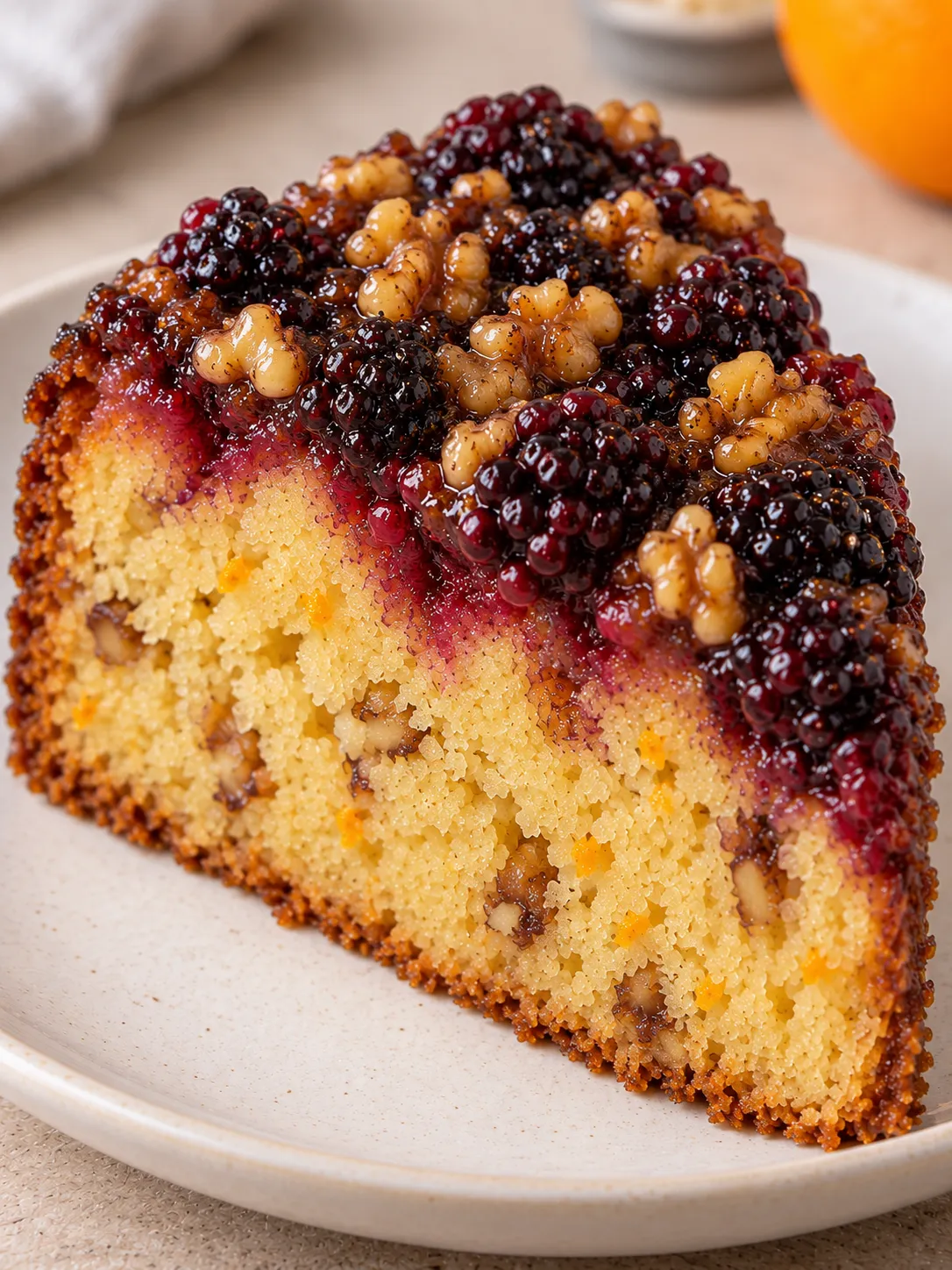 Upside-down fruit cake with blackberries and orange — walnuts