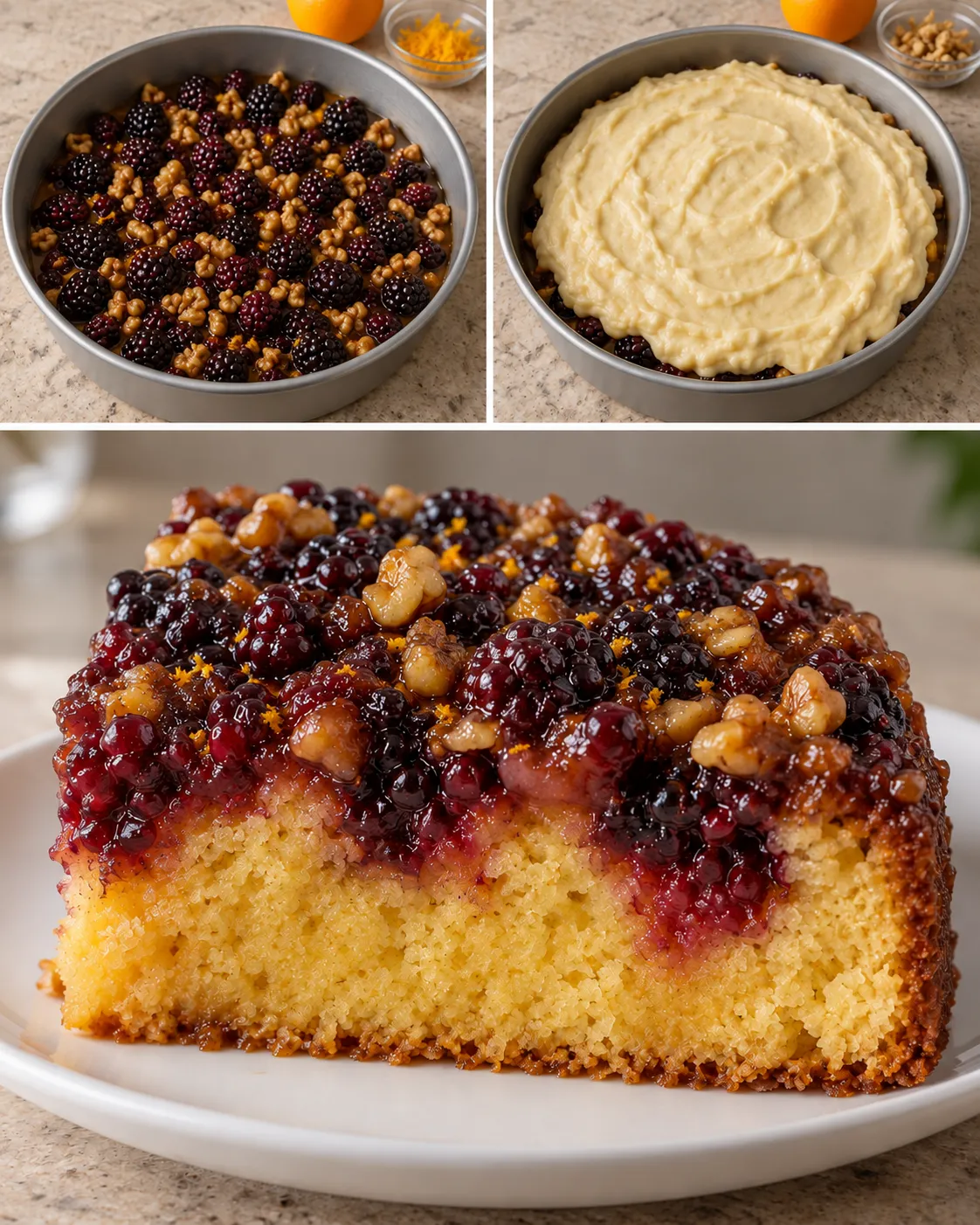 Upside-down fruit cake with blackberries and orange — walnuts