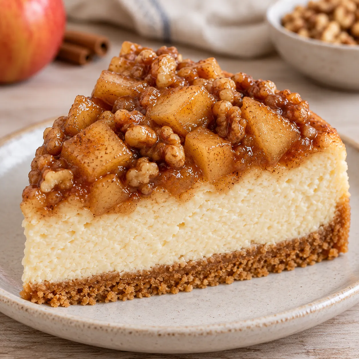 Baked cheesecake with apple and cinnamon — walnuts