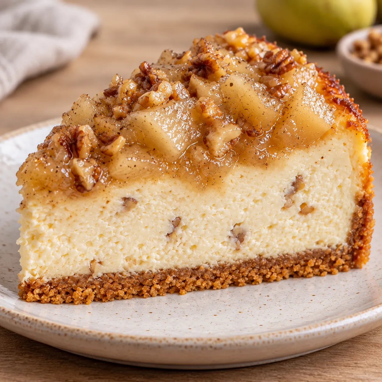 Baked cheesecake with pear and cardamom — walnuts