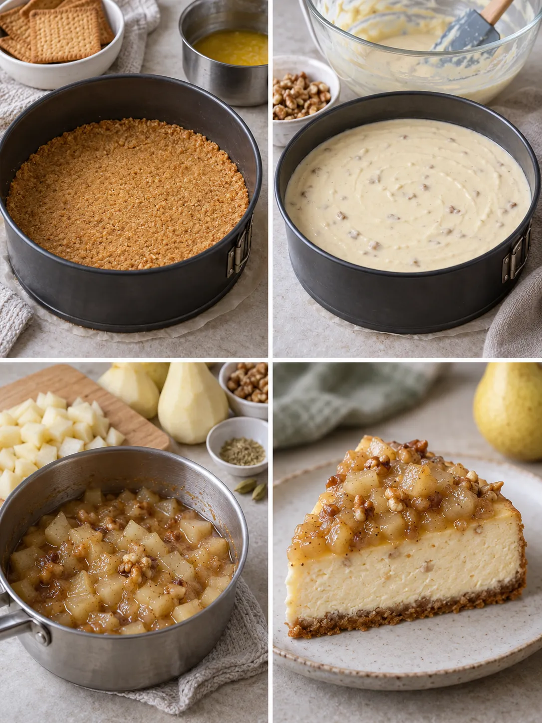 Baked cheesecake with pear and cardamom — walnuts