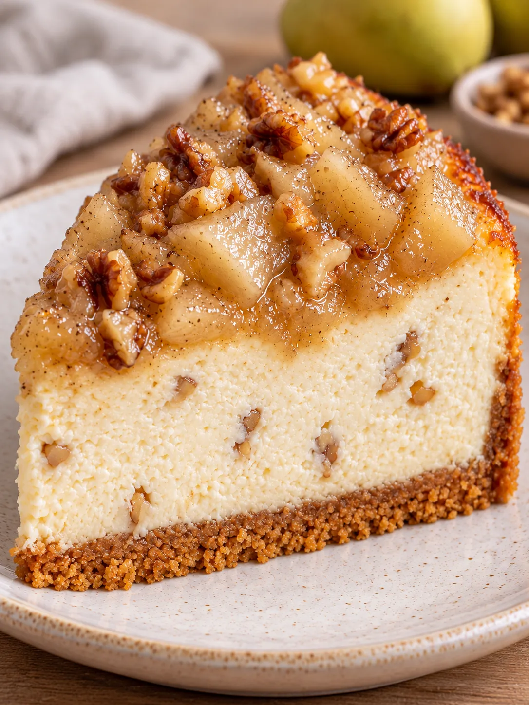 Baked cheesecake with pear and cardamom — walnuts