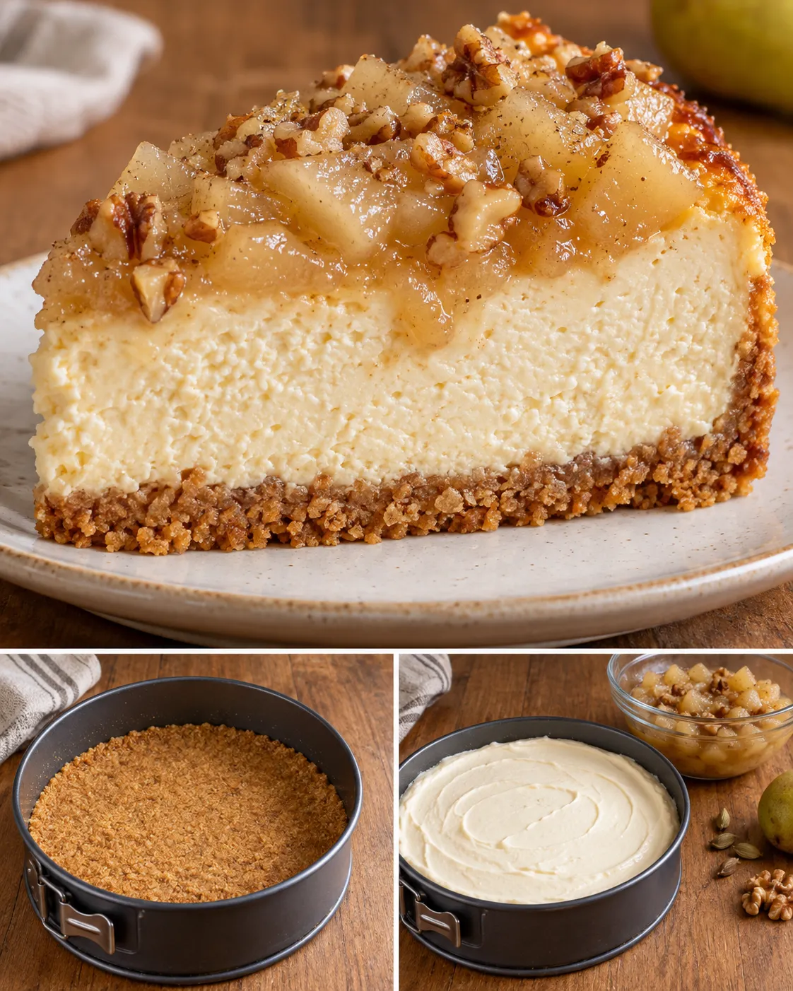 Baked cheesecake with pear and cardamom — walnuts