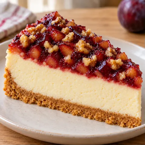 Baked cheesecake with plums and vanilla — walnuts