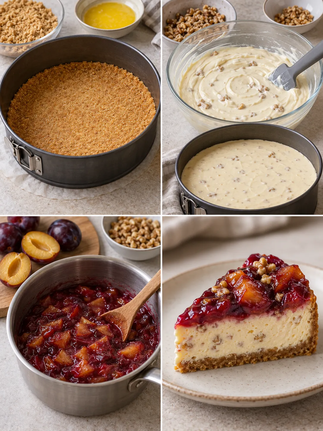 Baked cheesecake with plums and vanilla — walnuts