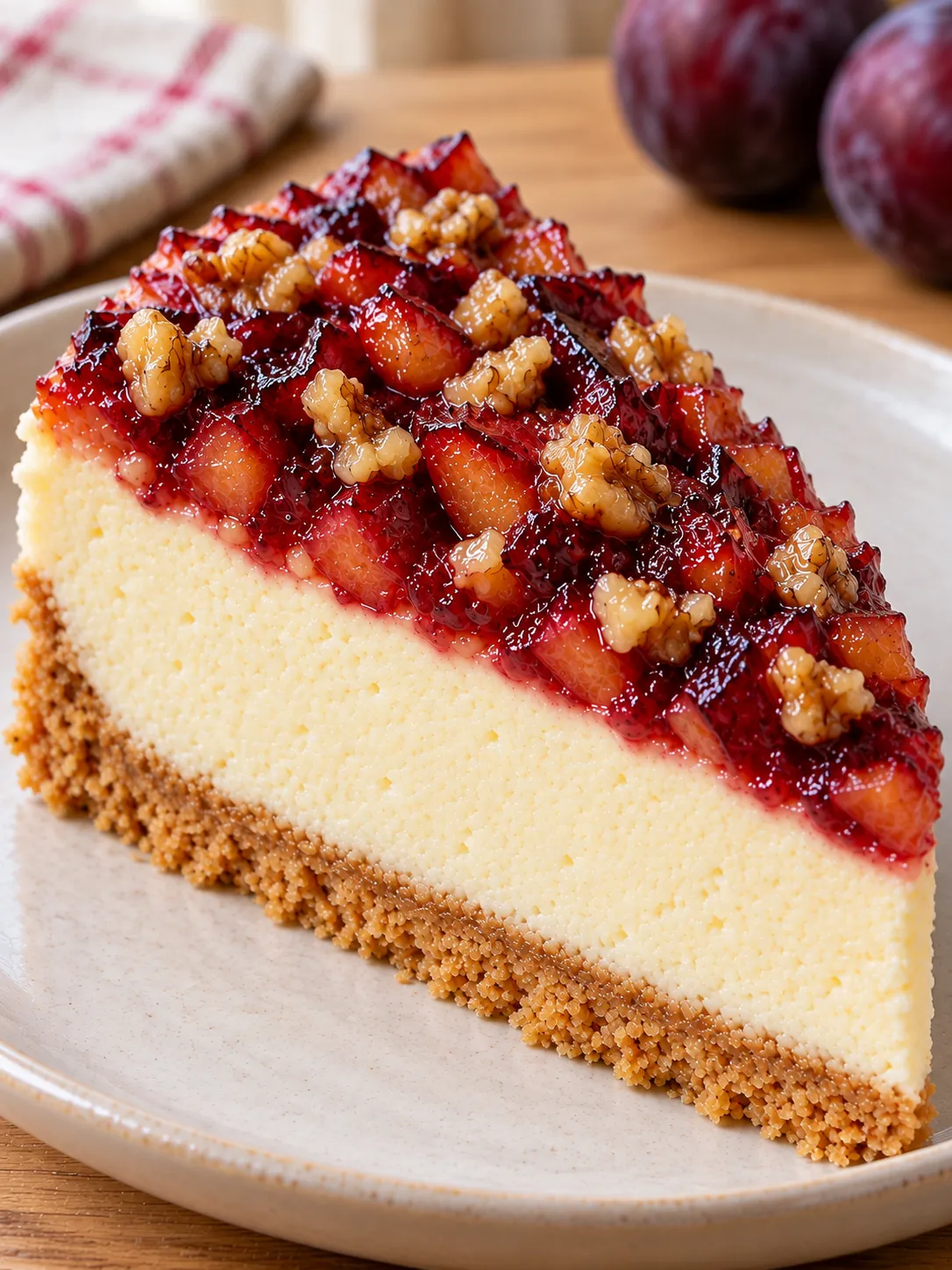 Baked cheesecake with plums and vanilla — walnuts