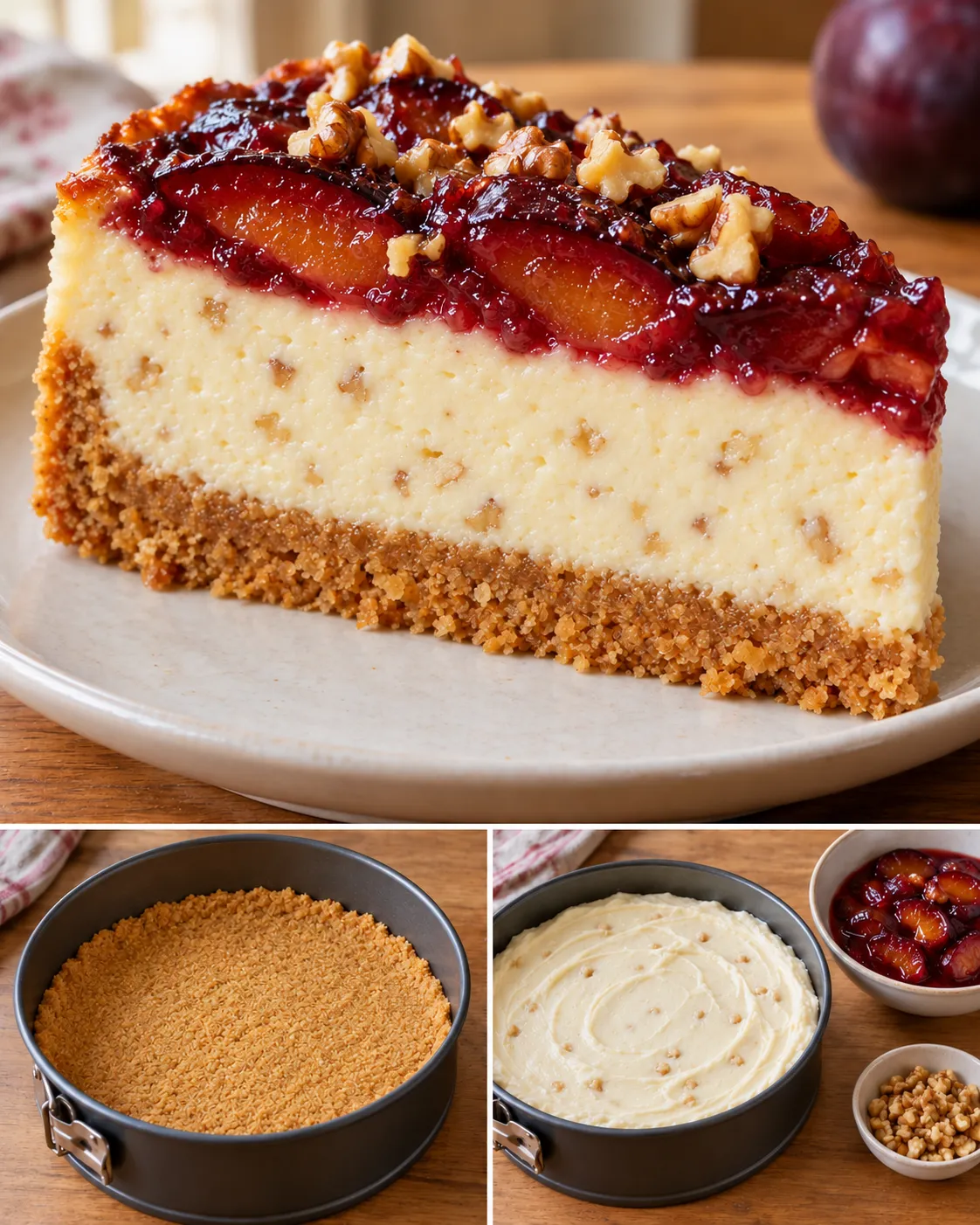 Baked cheesecake with plums and vanilla — walnuts