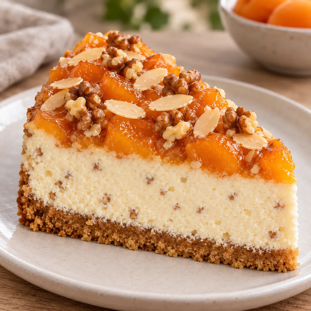 Baked cheesecake with apricots and almonds — walnuts