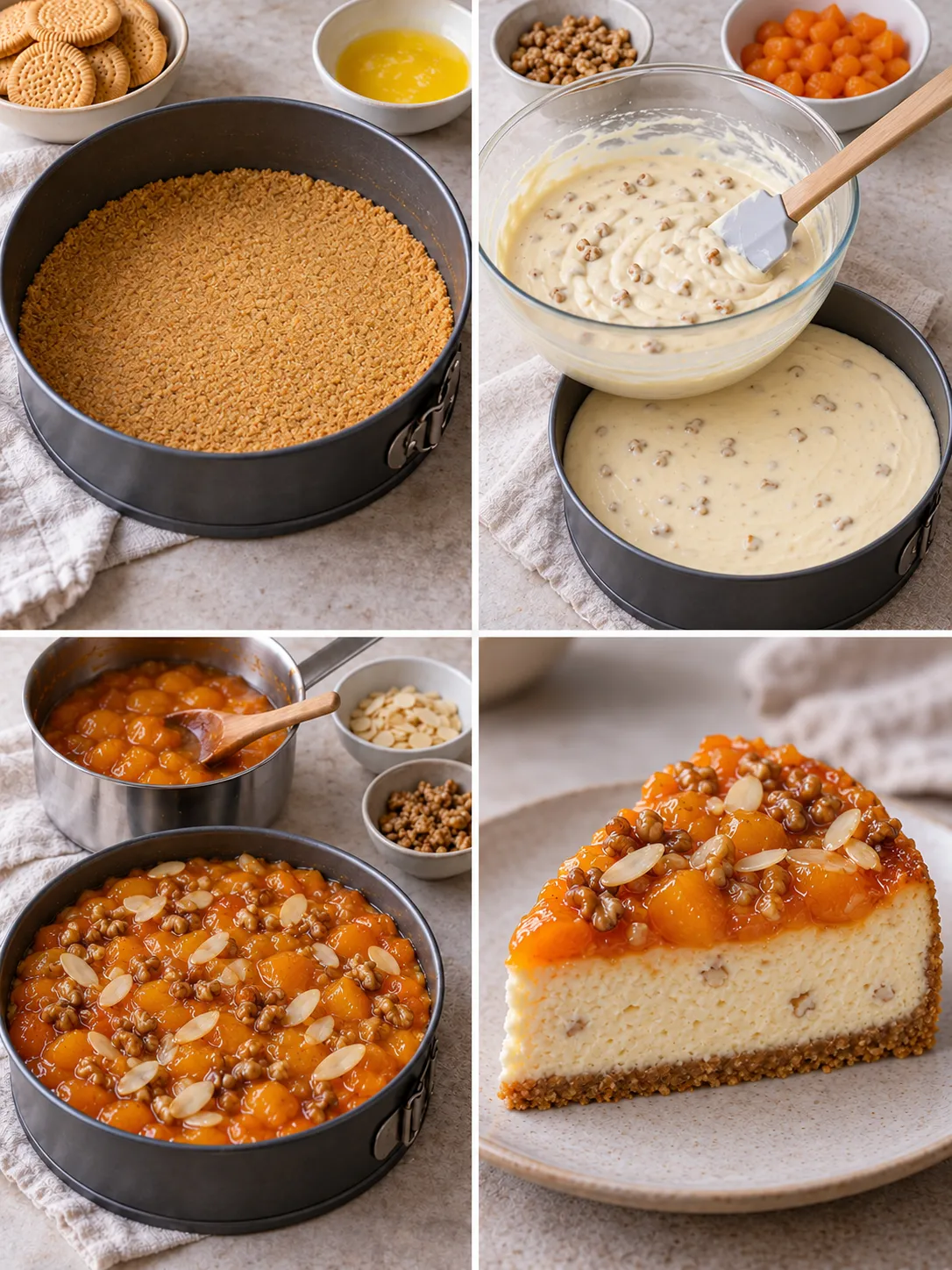 Baked cheesecake with apricots and almonds — walnuts