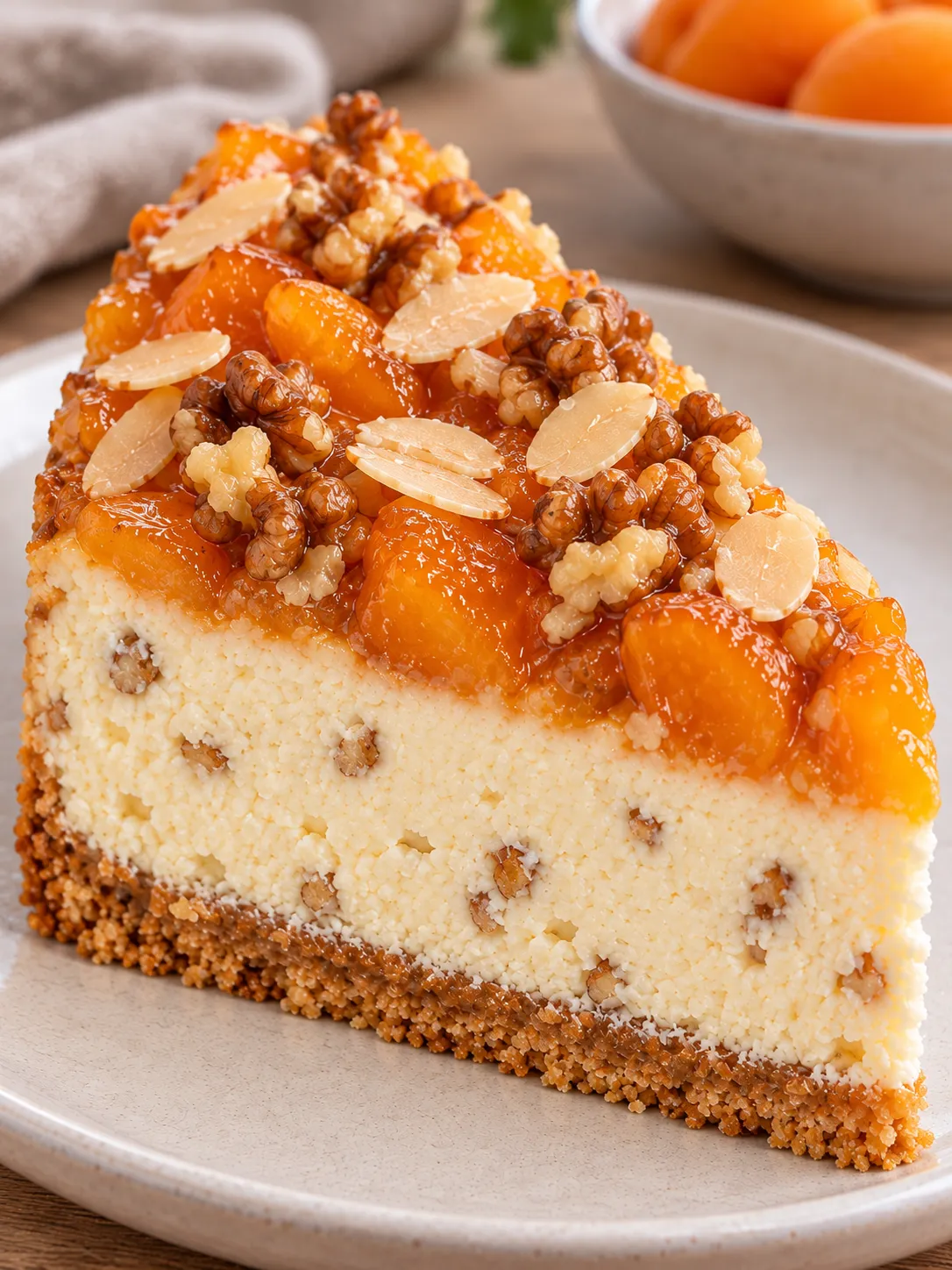 Baked cheesecake with apricots and almonds — walnuts
