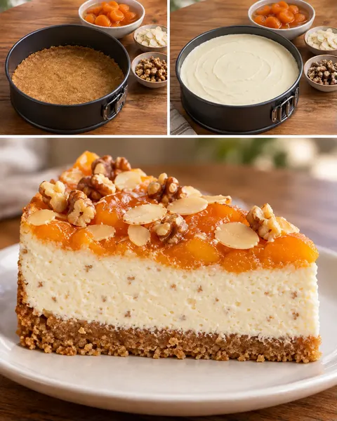 Baked cheesecake with apricots and almonds — walnuts