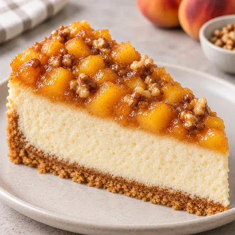 Baked cheesecake with peaches and vanilla — walnuts