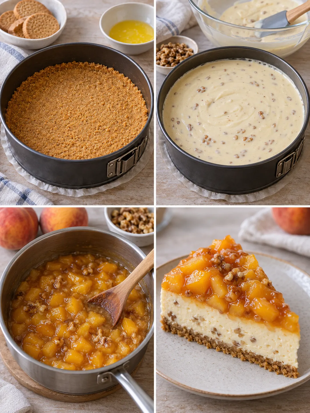 Baked cheesecake with peaches and vanilla — walnuts