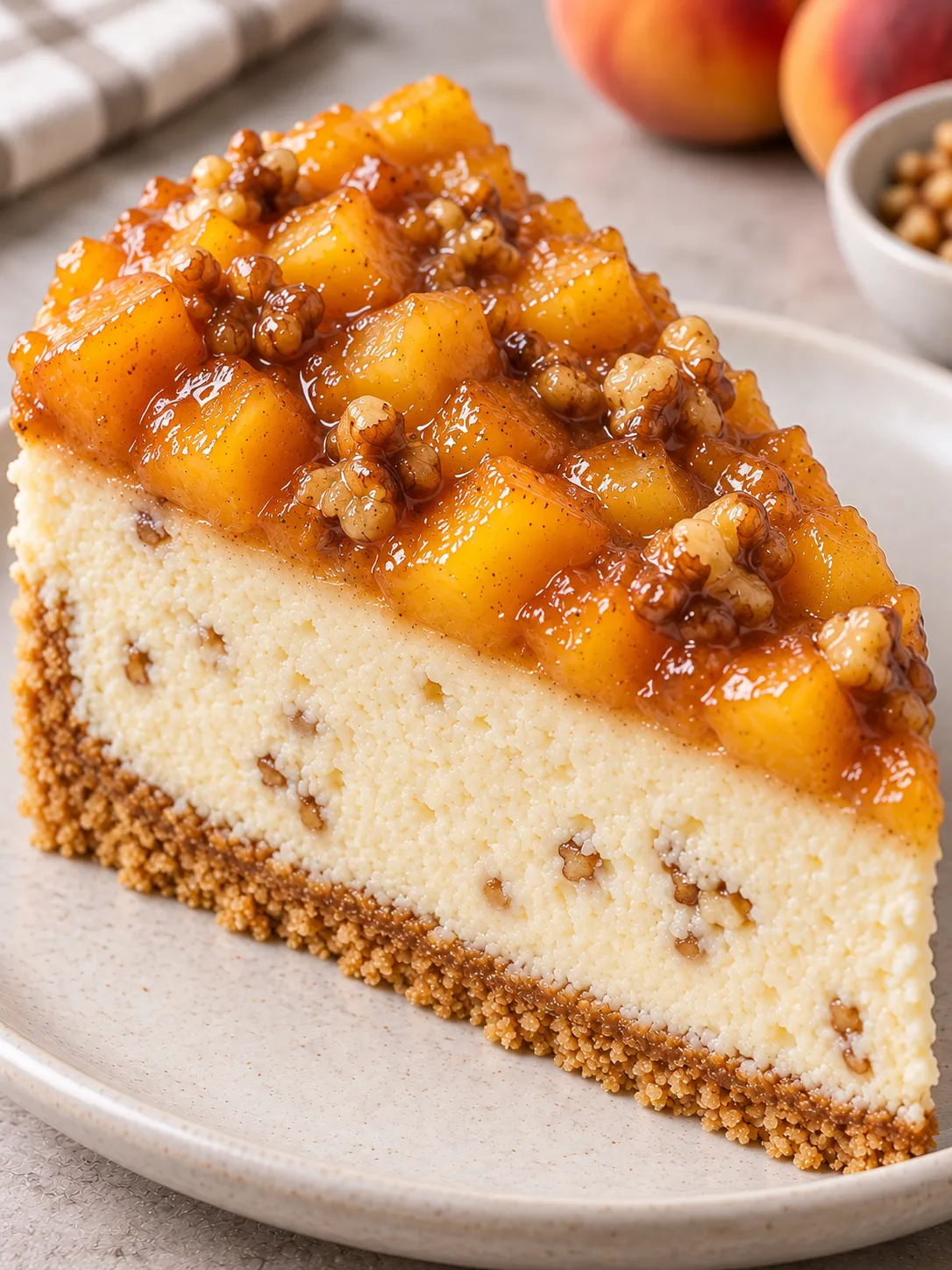 Baked cheesecake with peaches and vanilla — walnuts