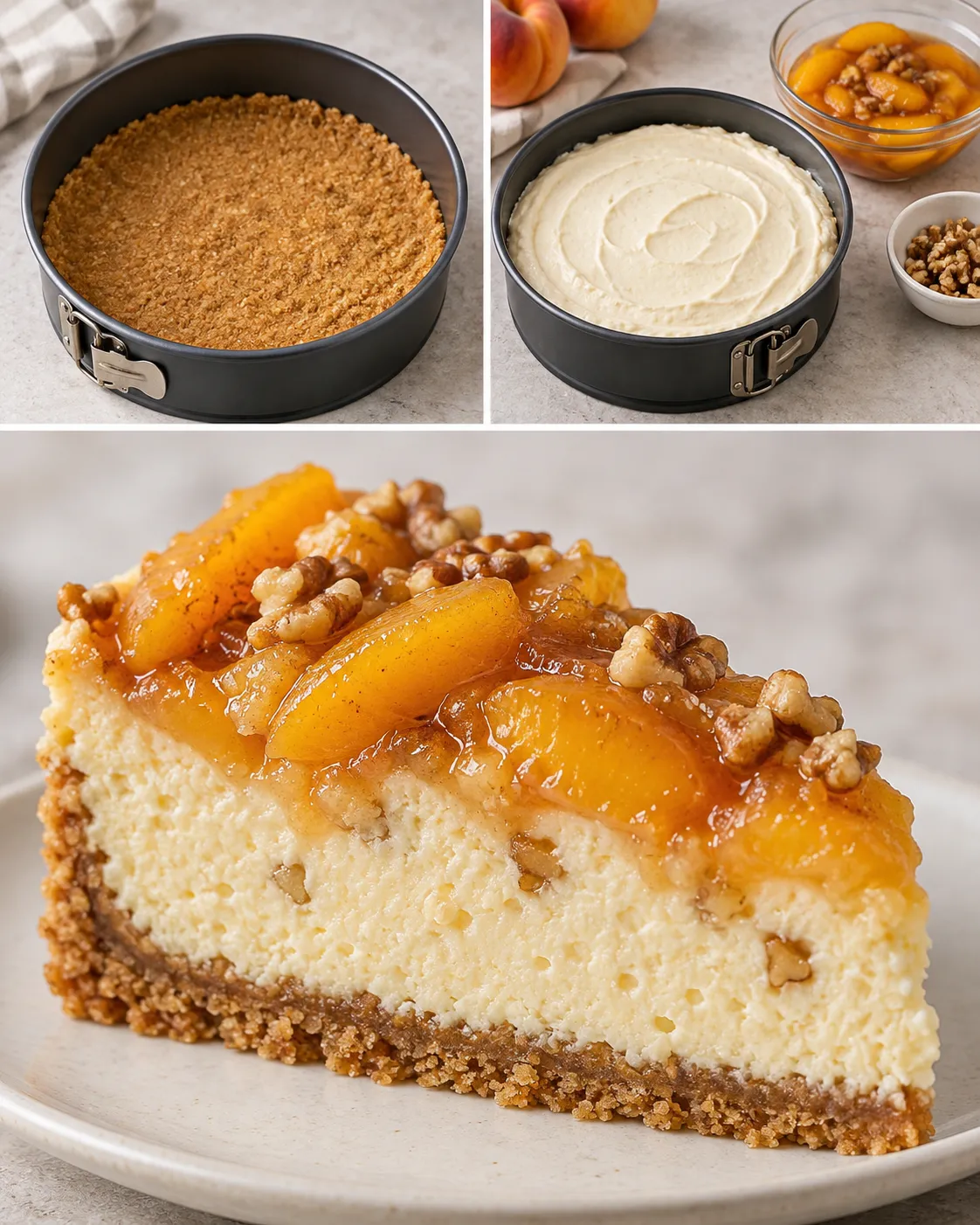 Baked cheesecake with peaches and vanilla — walnuts