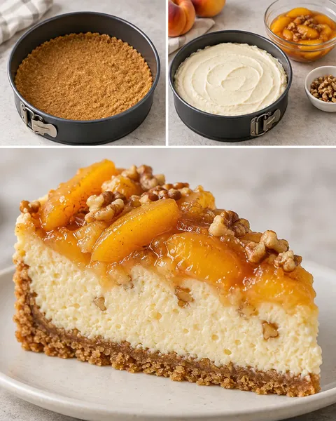 Baked cheesecake with peaches and vanilla — walnuts