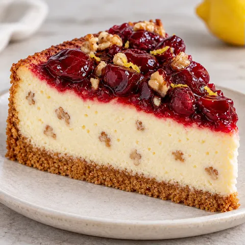 Baked cheesecake with cherries and lemon — walnuts