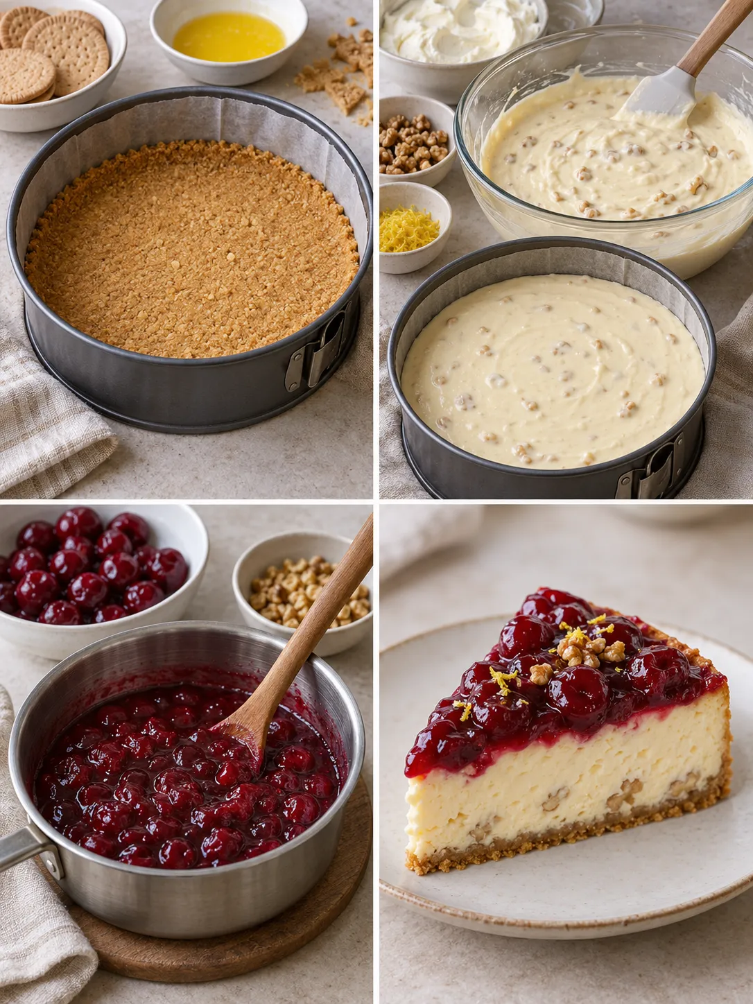 Baked cheesecake with cherries and lemon — walnuts