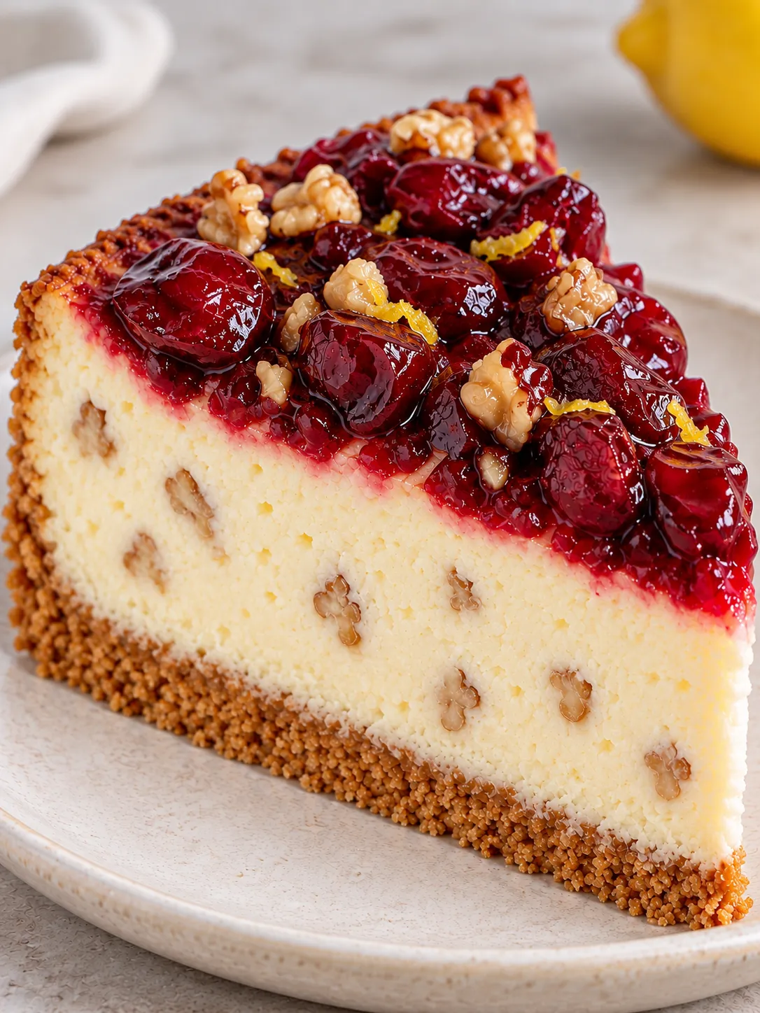 Baked cheesecake with cherries and lemon — walnuts